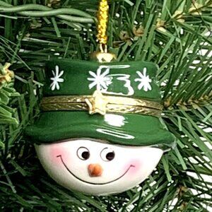 Snowman Green Hat Porcelain Hinged Surprise Gift Trinket Box Christmas Ornament